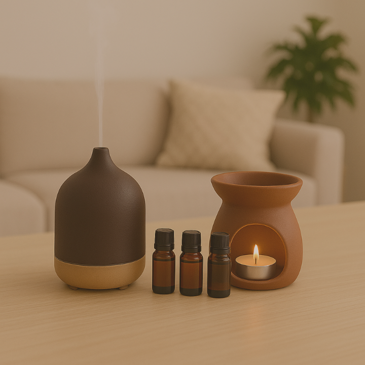 Un set di olio essenziali con un bruciatore e un diffusore