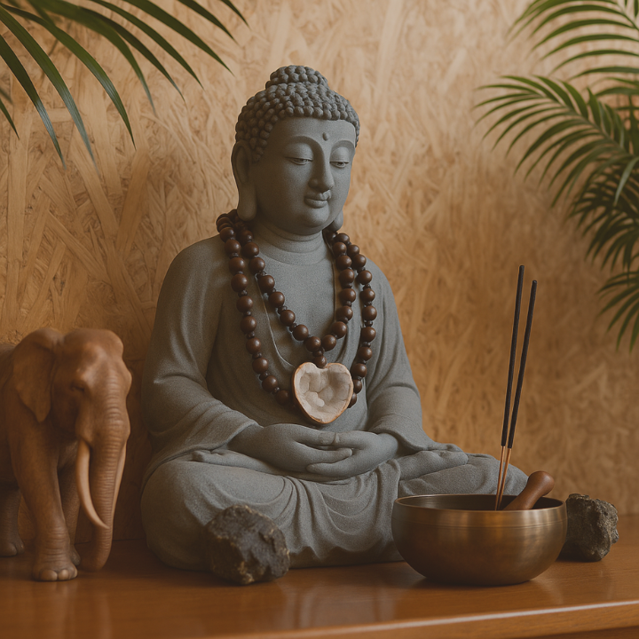 Una statuina del buddha, con affianco un elefantino di legno e davanti un porta incensi con due bastoncini accesi