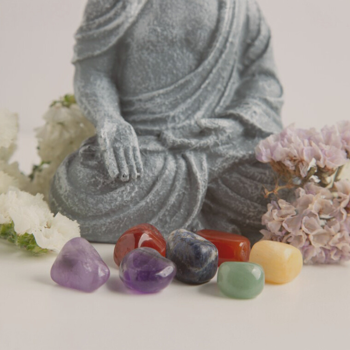 Una statuina di un buddha mostra delle pietre colorate e levigate