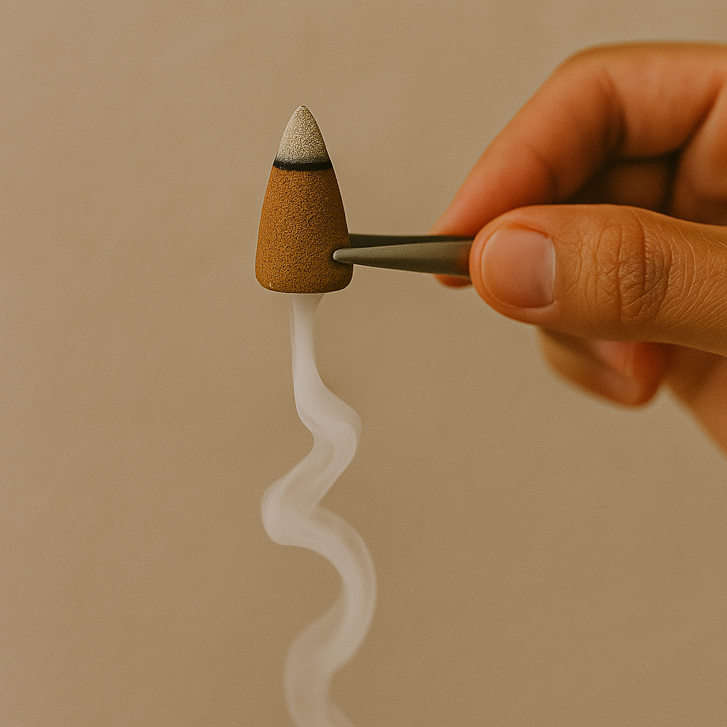 Una mano tiene con delle pinze un cono di incenso backflow con il fumo che scorre verso il basso