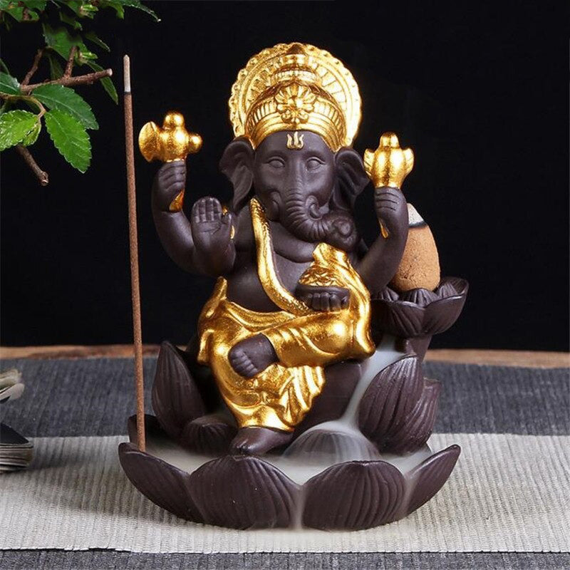 Fontana di incenso Ganesh - Ceramica nera e oro con fiore di Loto