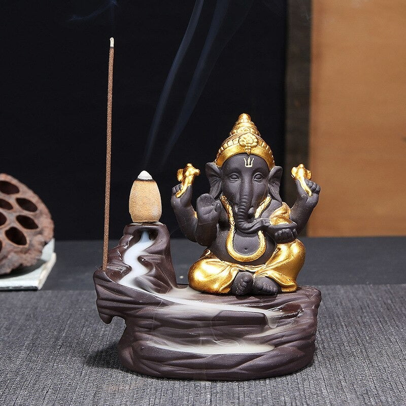 Incensiere con Cascata per Coni Profumati a Riflusso - Ganesh Dorata