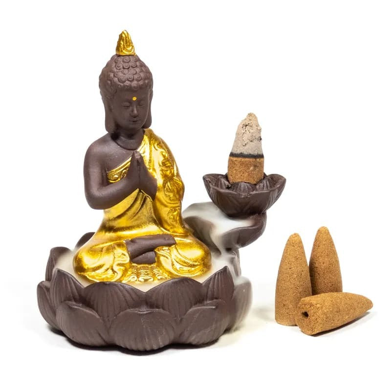 Incensiere con Cascata a Riflusso per Coni Profumati - Buddha Dorato
