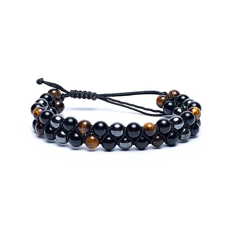 Bracciale Regolabile Triplice Protezione - Occhio di Tigre, Ossidiana ed Ematite