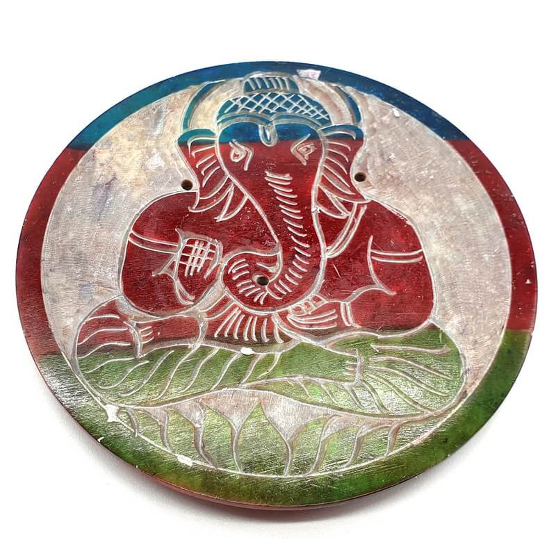 Porta incenso rotondo con intarsio colorato raffigurante Ganesh.