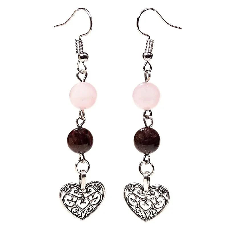 Orecchini Granato e Quarzo Rosa con Cuore Filigranato