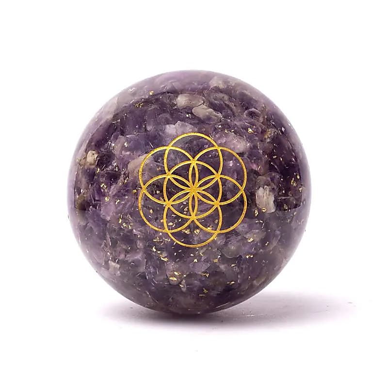 Sfera di Orgonite ed Ametista - Fiore della Vita