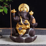 Fontana di incenso Ganesh - Ceramica nera e oro con fiore di Loto