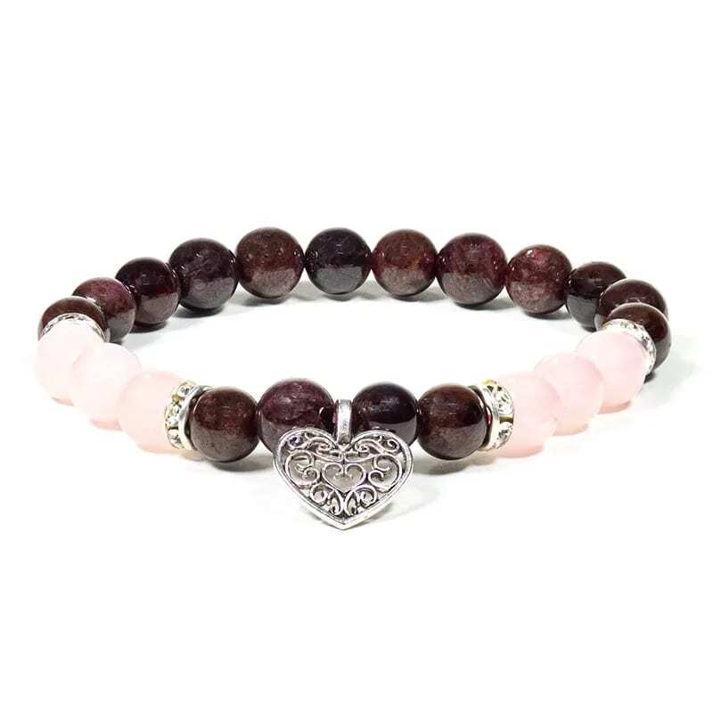 Braccialetto in Granato, Quarzo rosa con simbolo del Cuore