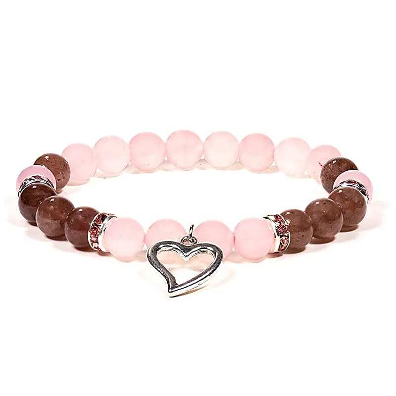 Braccialetto elastico in Quarzo Rosa e Quarzo Fragola con Cuore