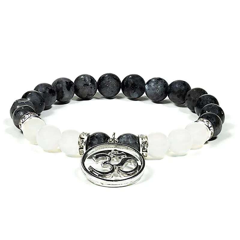 Braccialetto elastico in Labradorite ed Agata bianca con Ohm