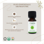 Bottiglietta da 10 ml di olio essenziale Aromafume Anahata, etichetta chiara con simboli ayurvedici.