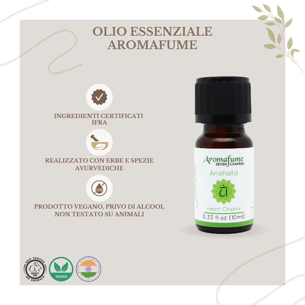 Bottiglietta da 10 ml di olio essenziale Aromafume Anahata, etichetta chiara con simboli ayurvedici.