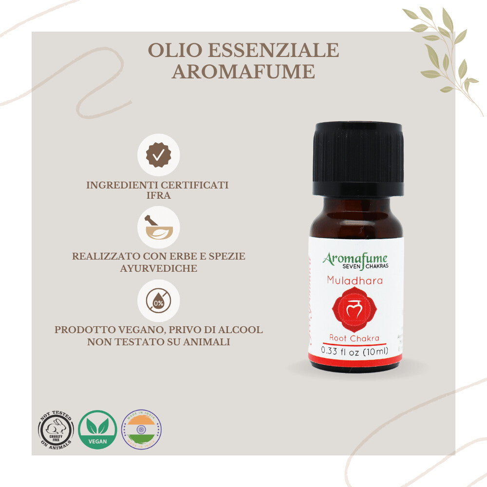 Bottiglietta da 10 ml di olio essenziale Aromafume Muladhara, etichetta chiara con simboli ayurvedici.