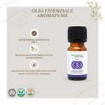 Bottiglietta da 10 ml di olio essenziale Aromafume Ajna, etichetta chiara con simboli ayurvedici.