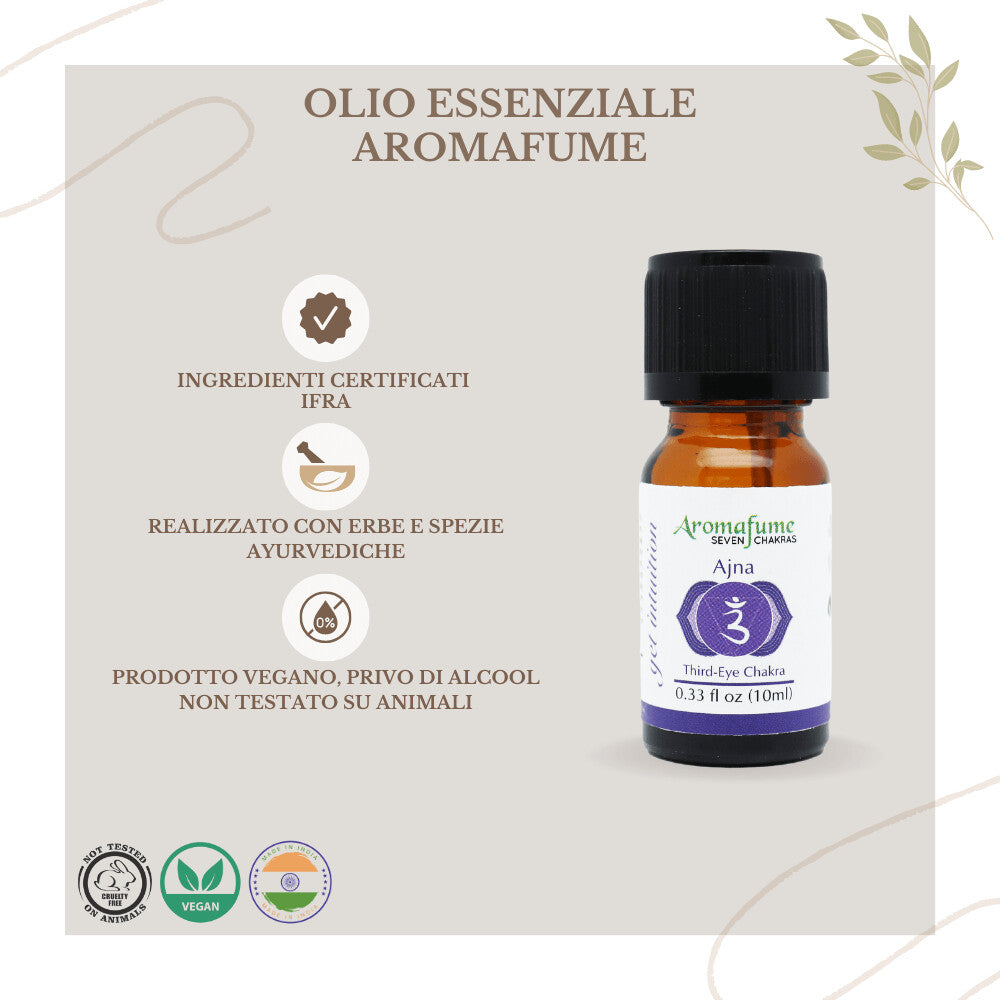 Bottiglietta da 10 ml di olio essenziale Aromafume Ajna, etichetta chiara con simboli ayurvedici.