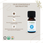 Bottiglietta da 10 ml di olio essenziale Aromafume Vishuddha, etichetta chiara con simboli ayurvedici.