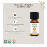 Bottiglietta da 10 ml di olio essenziale Aromafume Swadhistana, etichetta chiara con simboli ayurvedici.