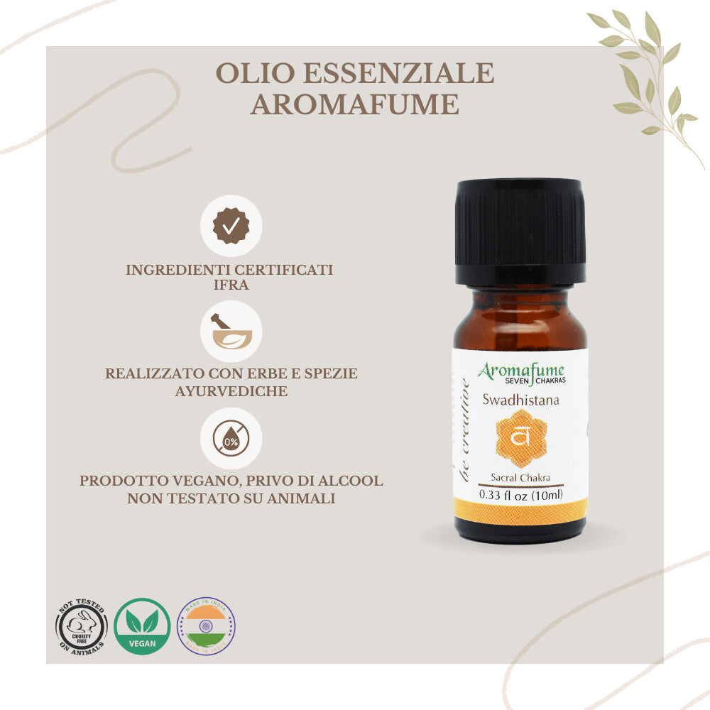 Bottiglietta da 10 ml di olio essenziale Aromafume Swadhistana, etichetta chiara con simboli ayurvedici.