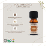Bottiglietta da 10 ml di olio essenziale Aromafume myrrh, etichetta chiara con simboli ayurvedici.