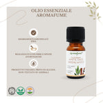Bottiglietta da 10 ml di olio essenziale Aromafume Sandalwood, etichetta chiara con simboli ayurvedici.