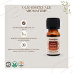 Bottiglietta da 10 ml di olio essenziale Aromafume Frank Incense e Myrrh, etichetta chiara con simboli ayurvedici.