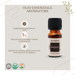Bottiglietta da 10 ml di olio essenziale Aromafume Benzoin, etichetta chiara con simboli ayurvedici.