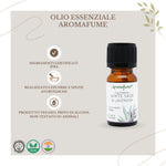Bottiglietta da 10 ml di olio essenziale Aromafume Sage e Lavanda, etichetta chiara con simboli ayurvedici.