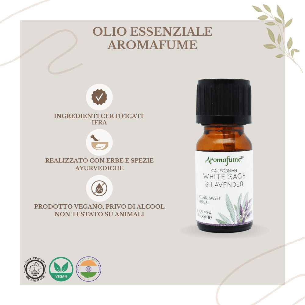 Bottiglietta da 10 ml di olio essenziale Aromafume Sage e Lavanda, etichetta chiara con simboli ayurvedici.