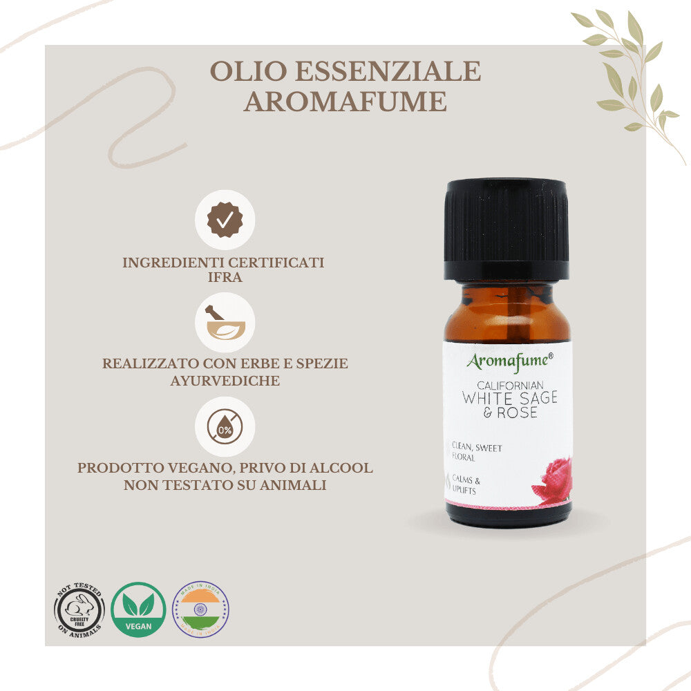 Bottiglietta da 10 ml di olio essenziale Aromafume Sage e Rose, etichetta chiara con simboli ayurvedici.