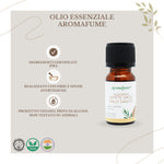 Bottiglietta da 10 ml di olio essenziale Aromafume Palo Santo, etichetta chiara con simboli ayurvedici.