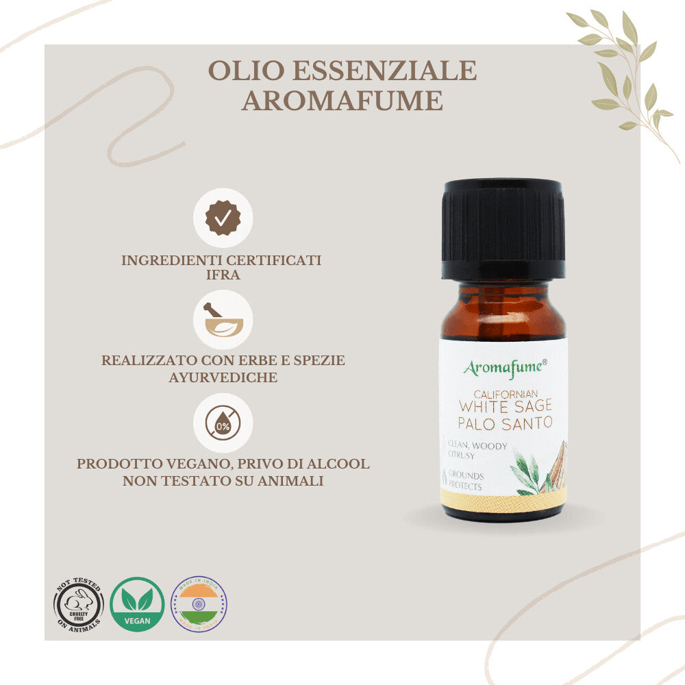 Bottiglietta da 10 ml di olio essenziale Aromafume Palo Santo, etichetta chiara con simboli ayurvedici.