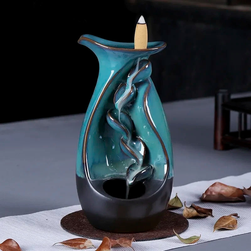 Fontana brucia incenso in ceramica nera - verde - immagine frontale