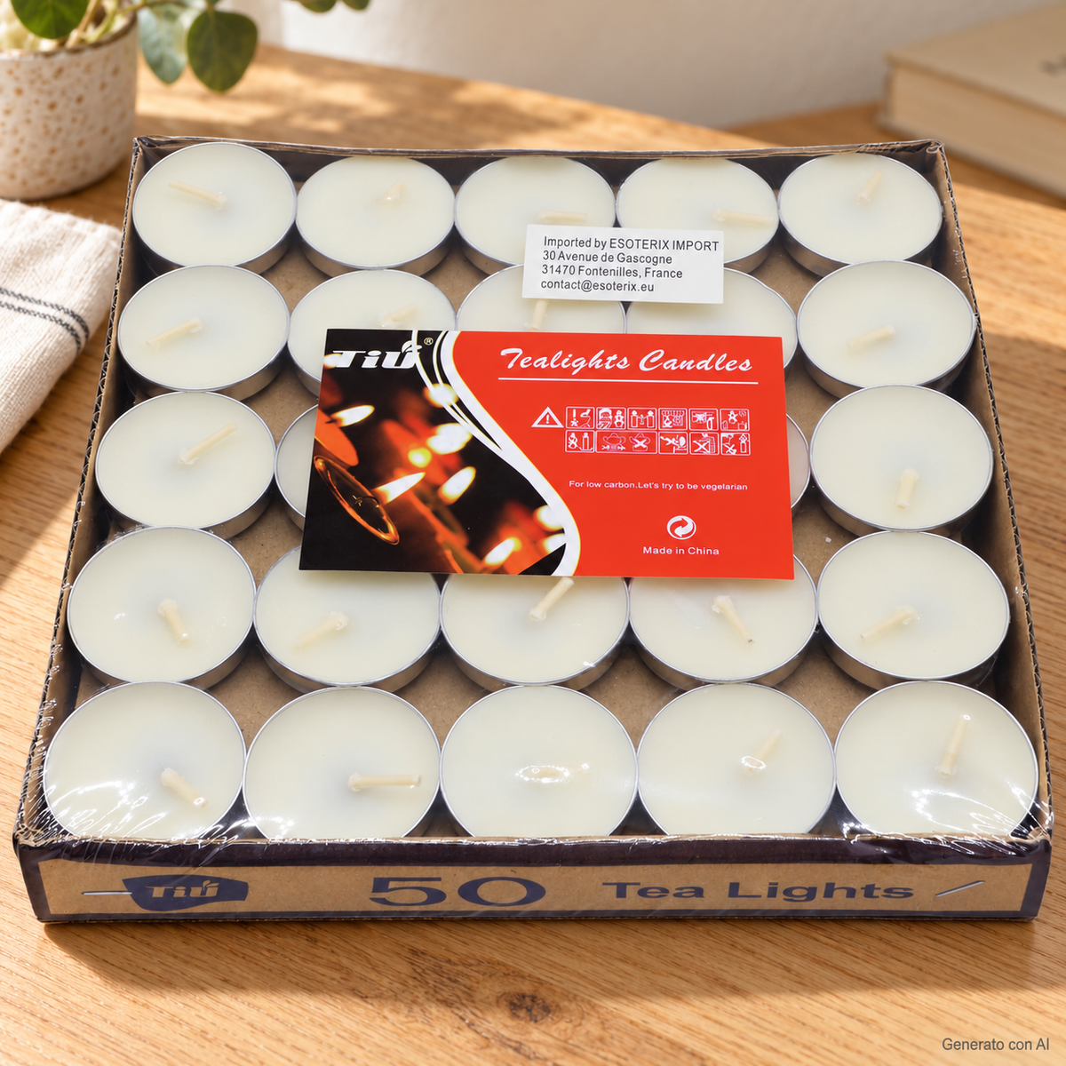 50 Lumini in Cera Vegetale - Tealights, confezione ambientata su un tavolo in legno chiaro.