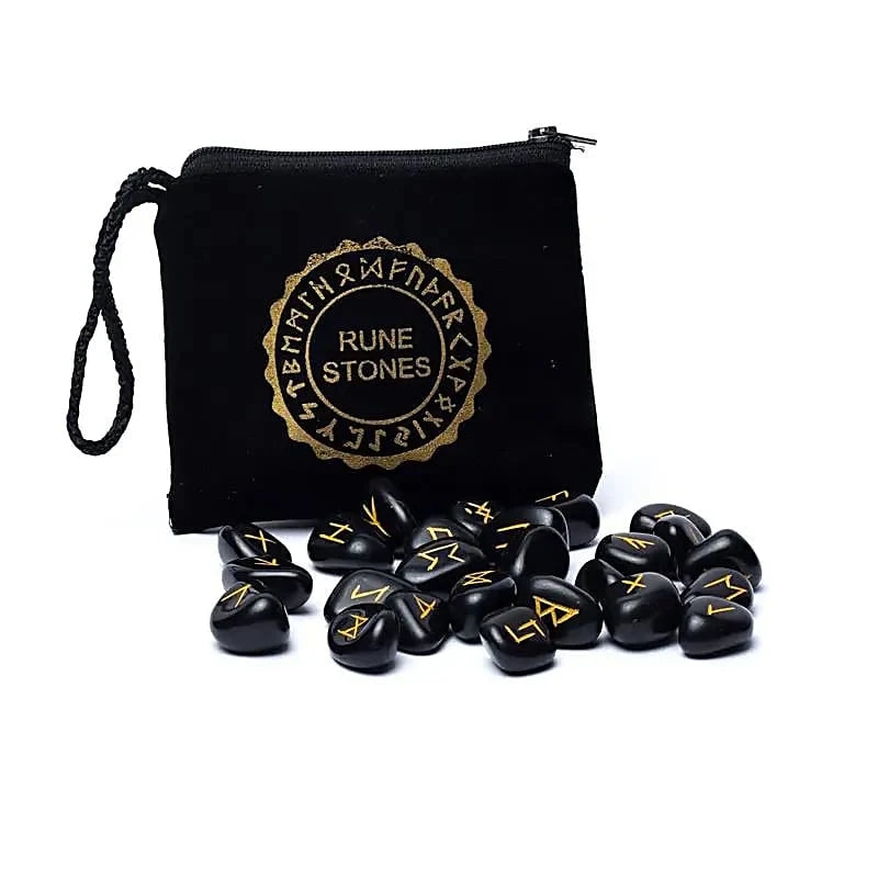 Set Rune in Agata Nera – 25 Pietre con Sacchetto in Velluto