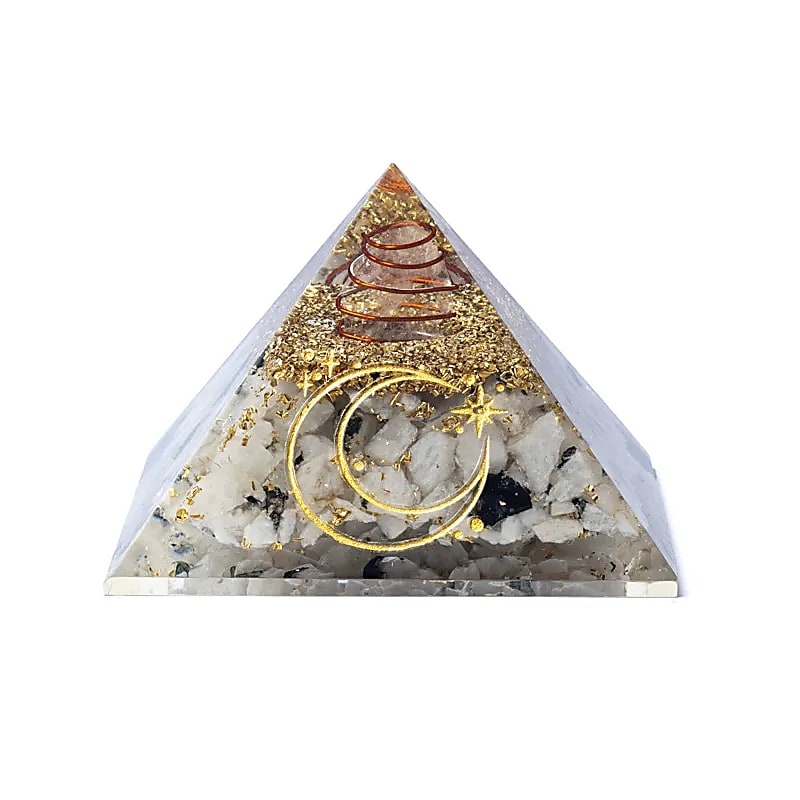 Piramide di Orgonite - Pietra di luna con simbolo della luna