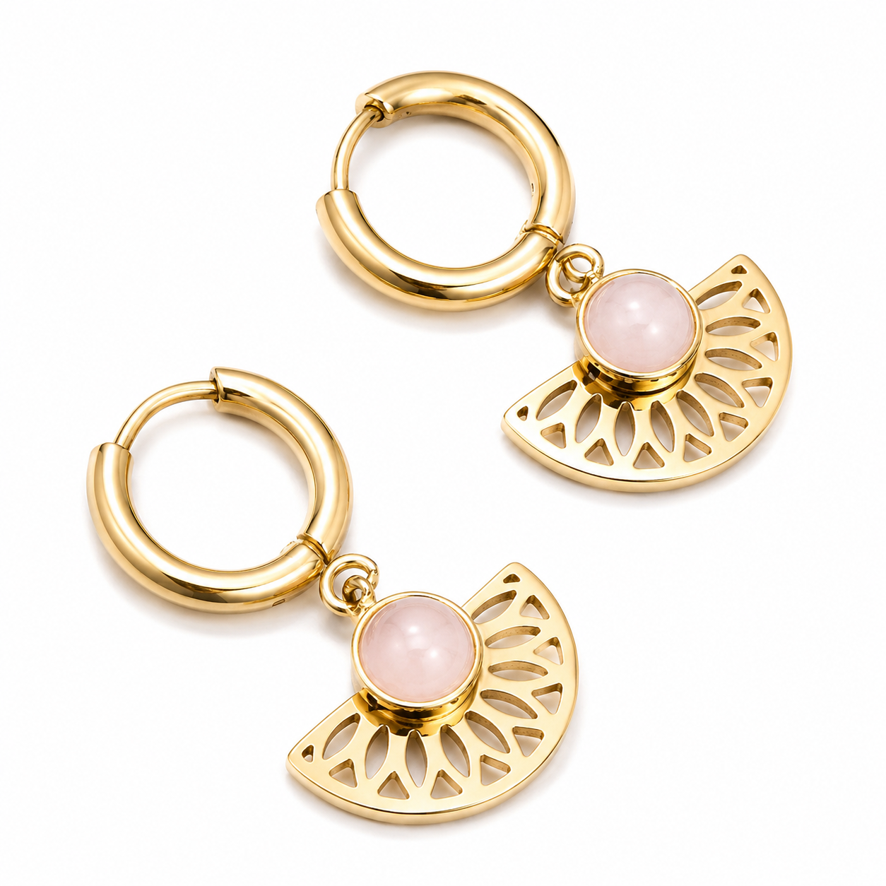 Orecchini Aztechi con Quarzo Rosa in Acciaio Inossidabile Dorato