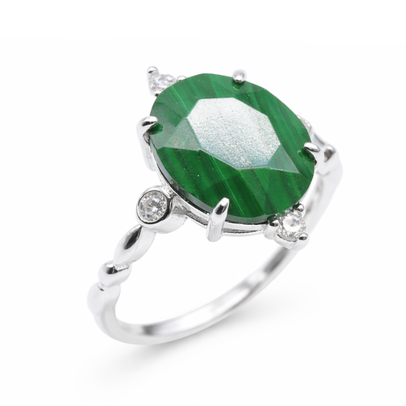 Anello in Argento 925 con Malachite – Placcato Platino