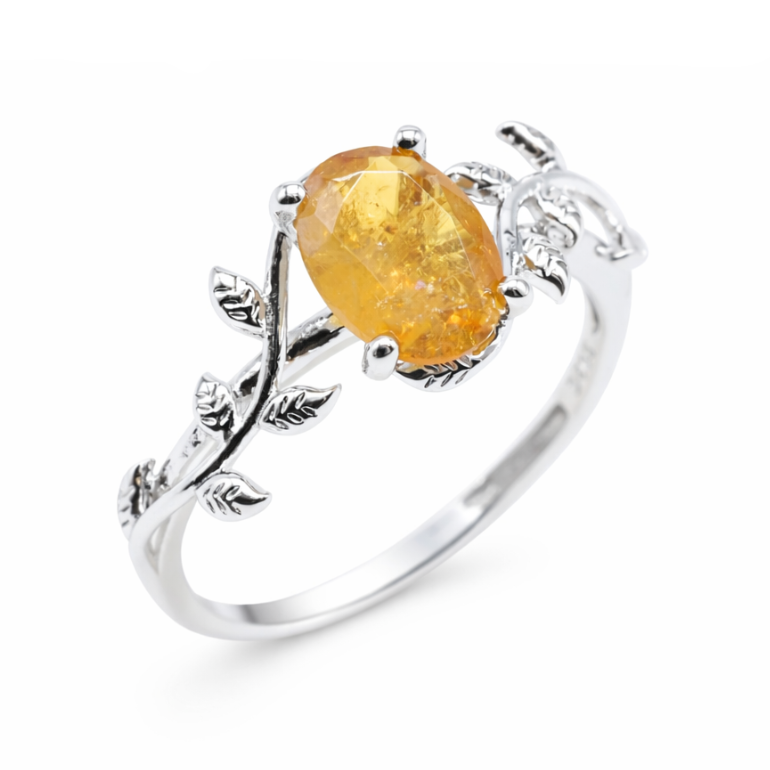 Anello “Sussurro di Alloro” in Argento 925 con Citrino – Placcato Platino