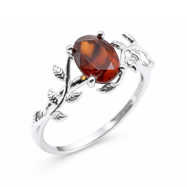 Anello “Sussurro di Alloro” in Argento 925 con Granato – Placcato Platino