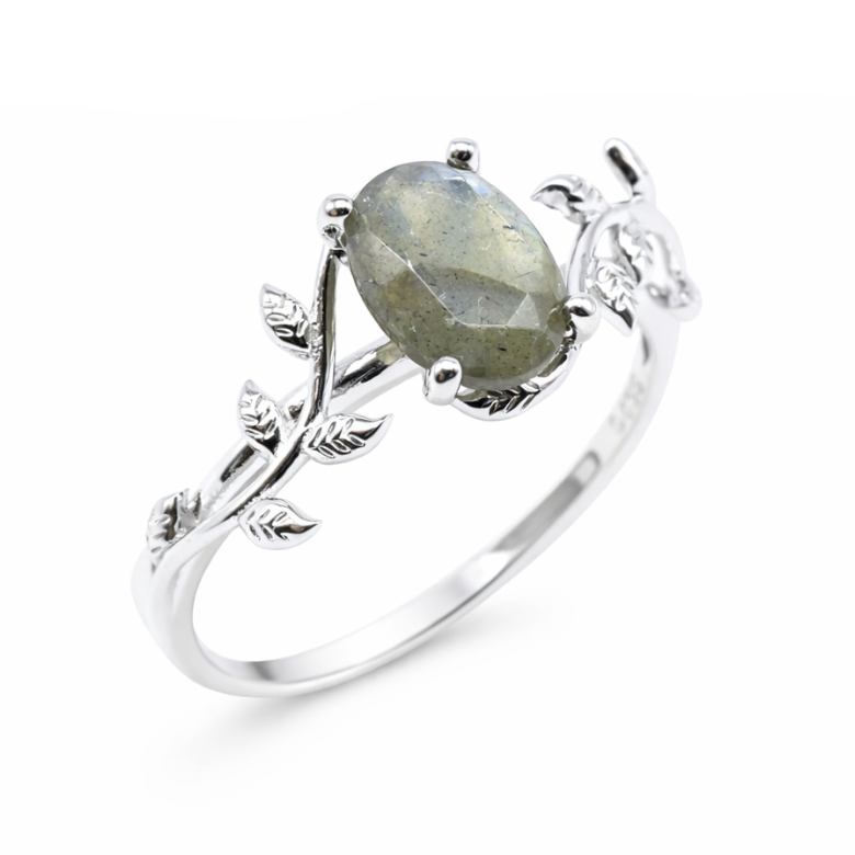 Anello “Sussurro di Alloro” in Argento 925 con Labradorite – Placcato Platino