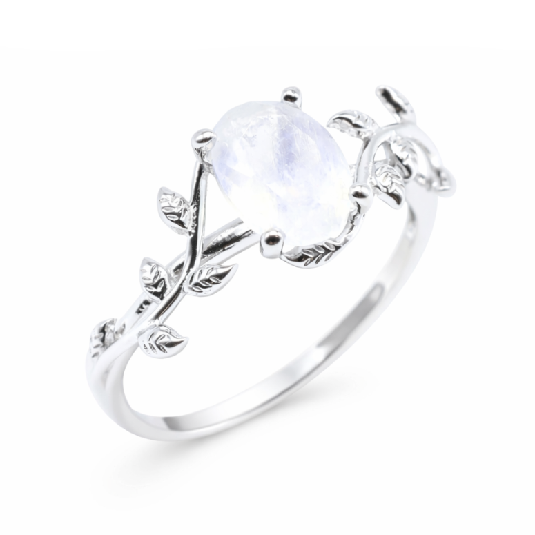 Anello “Sussurro di Alloro” in Argento 925 con Pietra di Luna – Placcato Platino