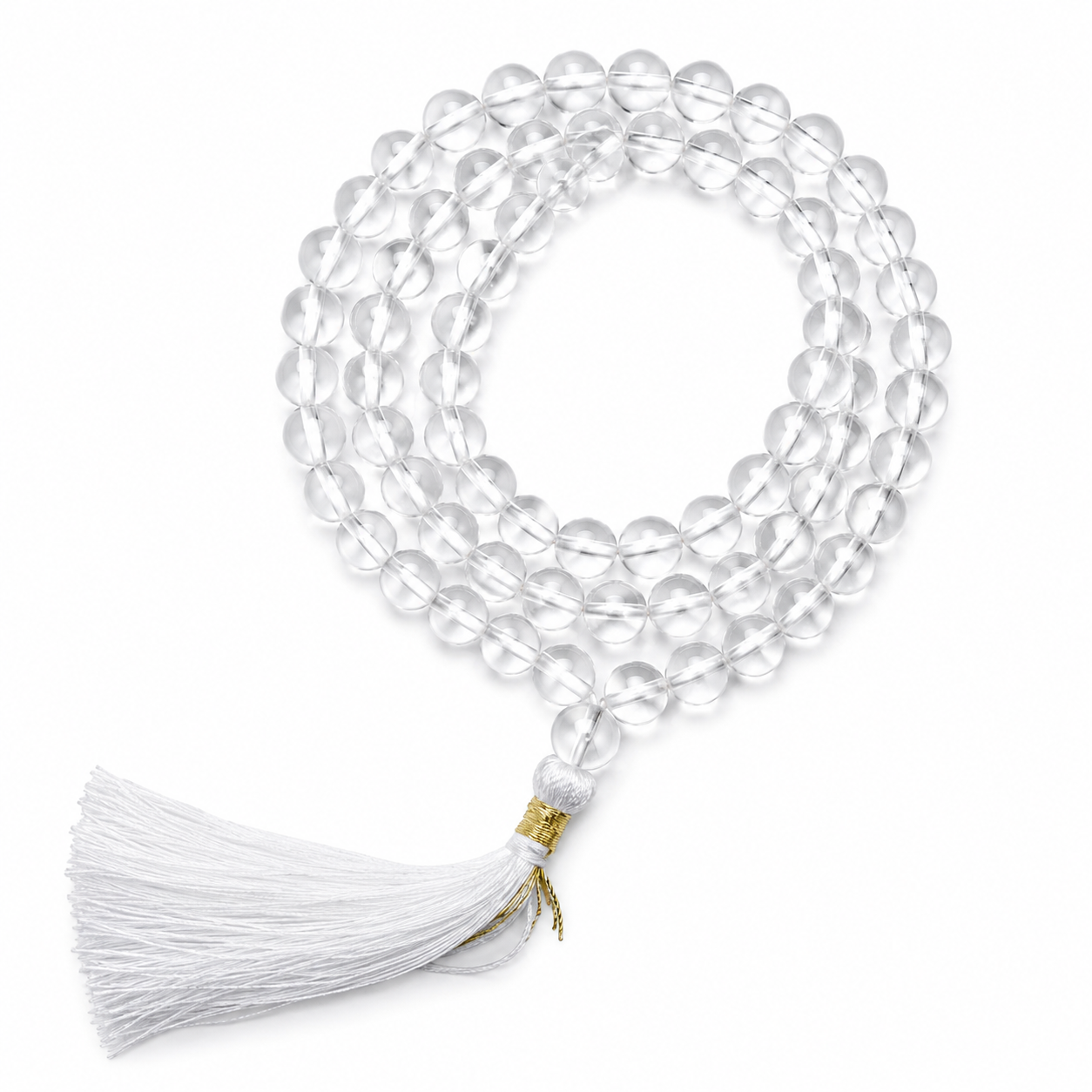Mala in Cristallo di Rocca Naturale AA 108 Grani con Nappa Bianca - Lunghezza ± 41cm