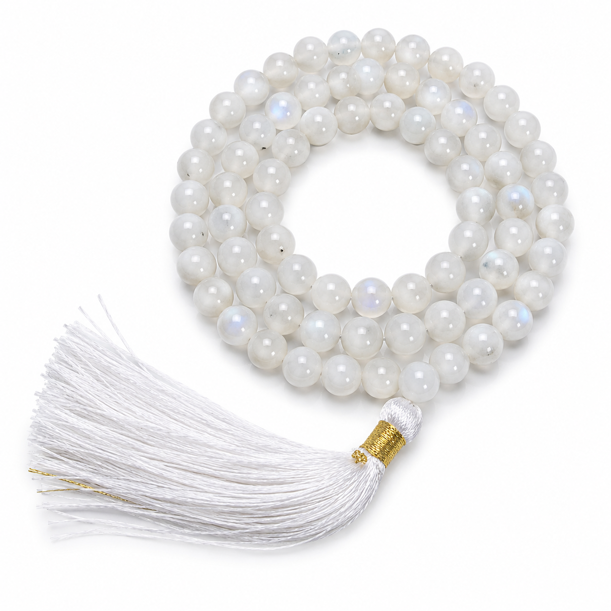 Mala in Pietra di Luna Naturale AA 108 Grani con Nappa Bianca - Lunghezza ± 33,5cm
