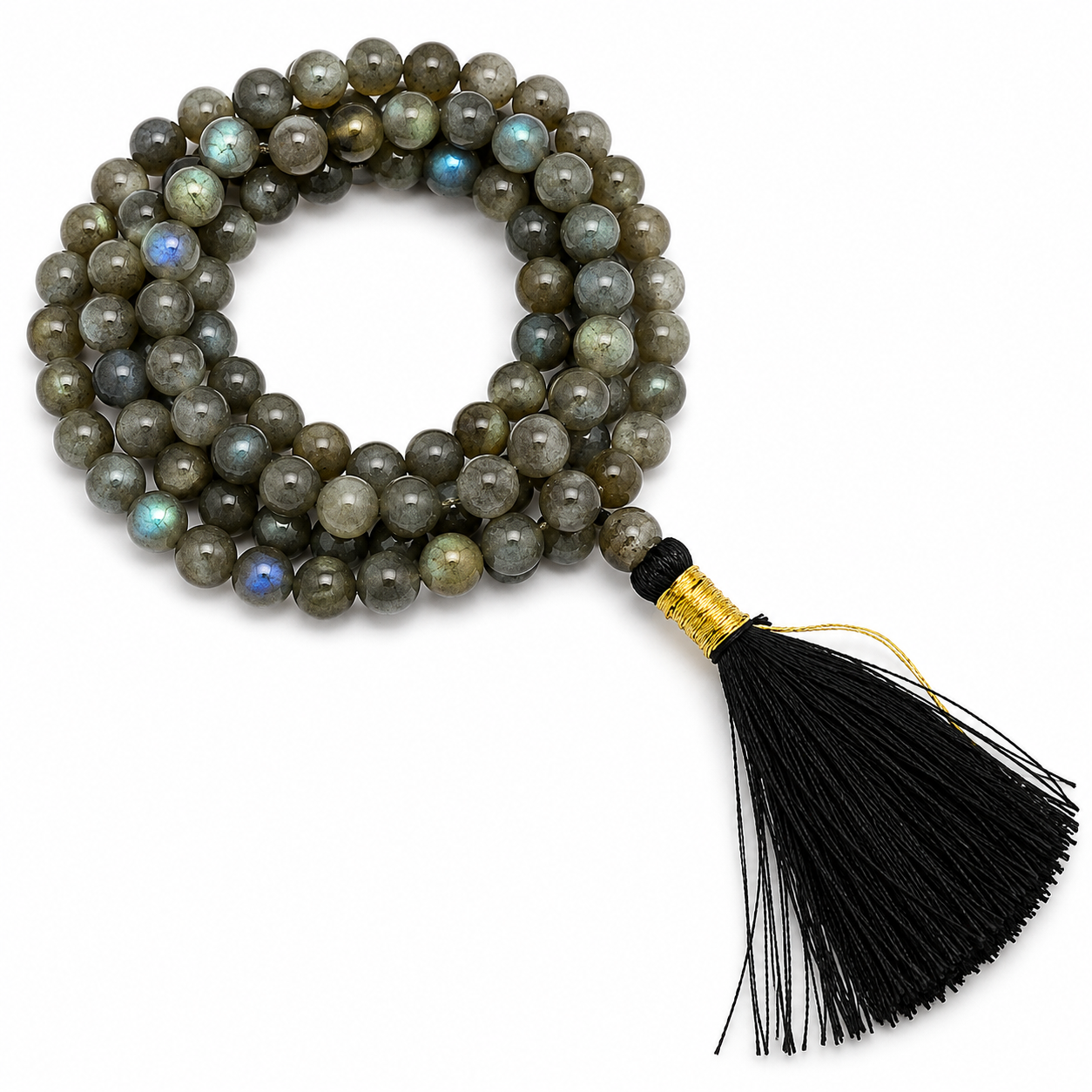 Mala in Labradorite Naturale AA 108 Grani con Nappa Nera - Lunghezza ± 31cm
