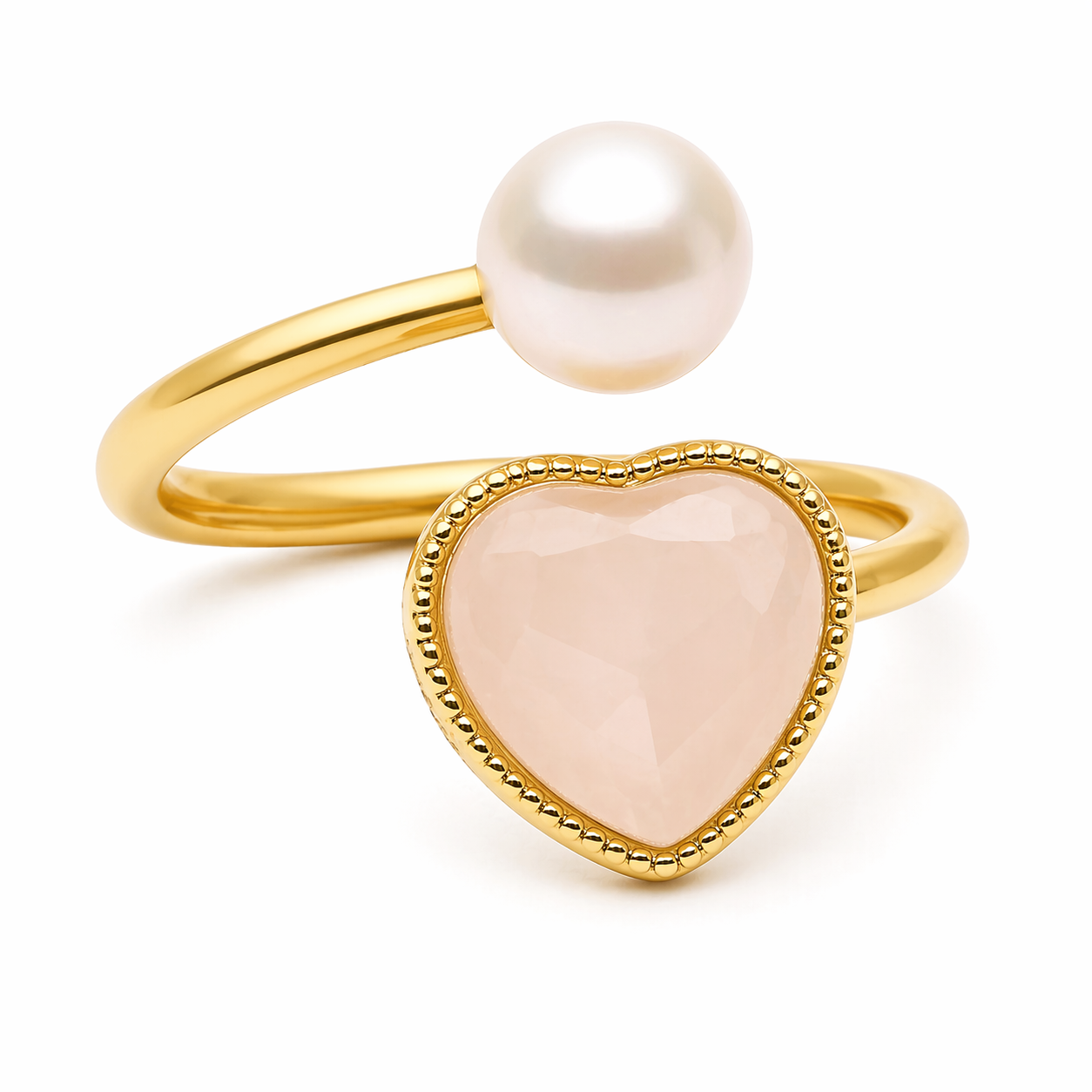 Anello Regolabile Perla e Cuore in Quarzo Rosa – Amore e Armonia