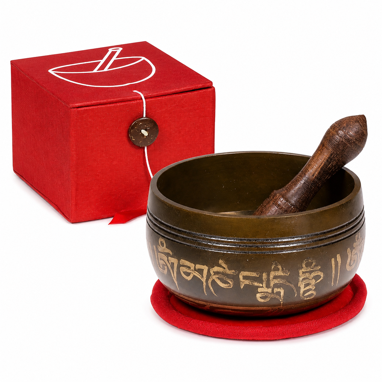 Campana Tibetana Om Set Regalo Rosso con Batacchio e Cuscino