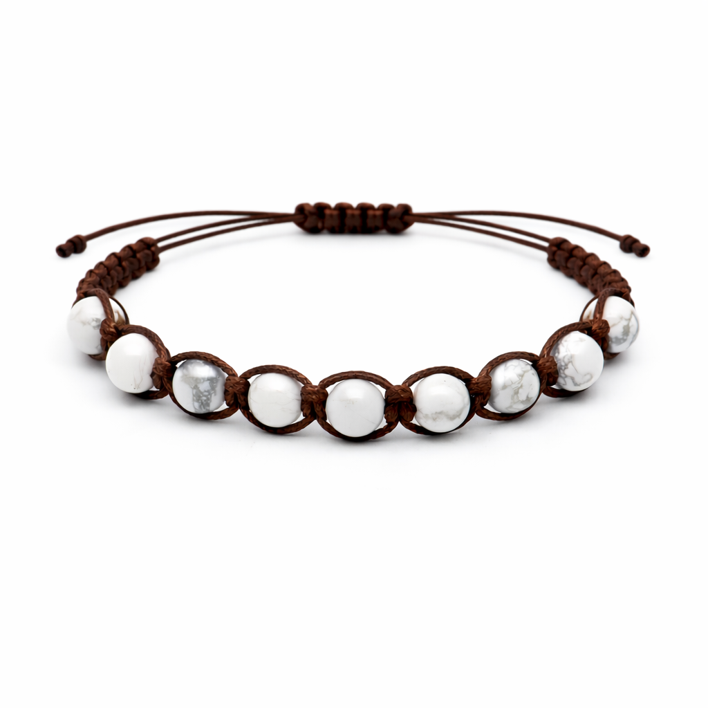 Bracciale artigianale in Howlite bianca con Macramè - 8 mm