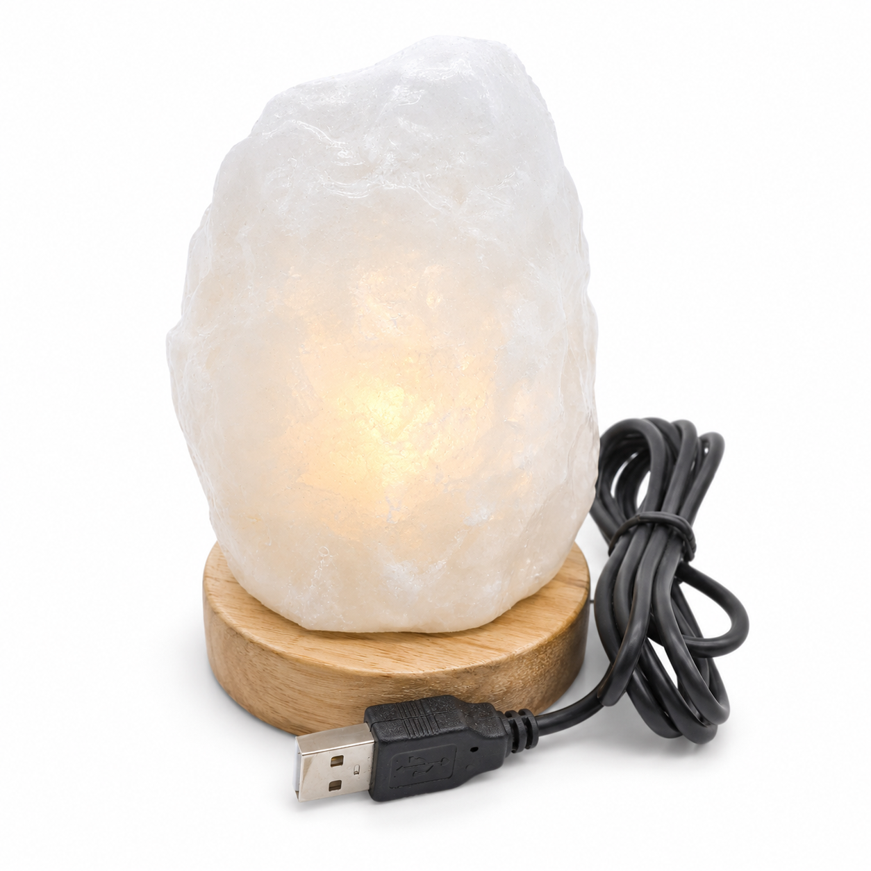 Mini Lampada di Sale bianco dell'Himalaya USB con Base in Legno