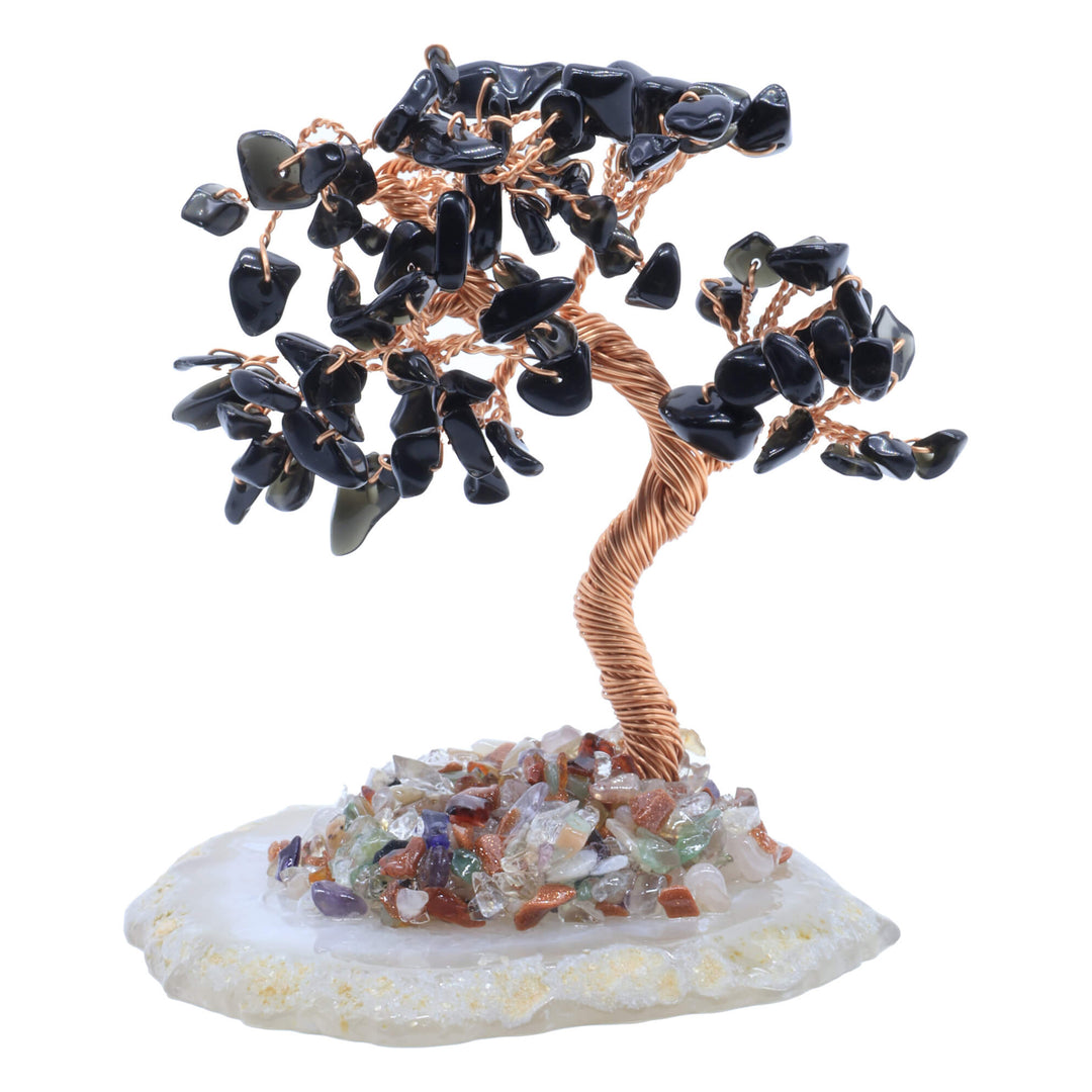 Albero della Felicità in Ossidiana Nera su Fetta di Agata – 12 cm